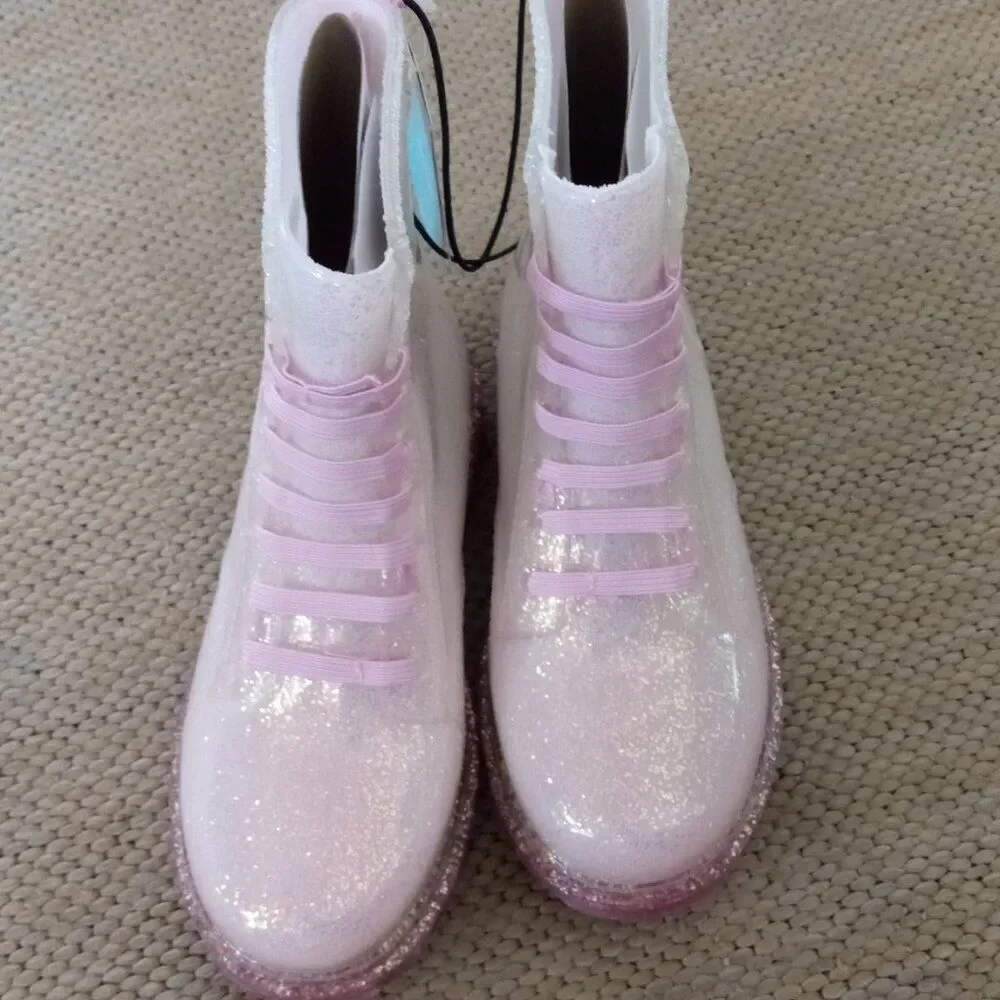 Western Chief Girl's Shimmer Glitter Lighted Combat Boots (Sz-11) Iridescent NEW